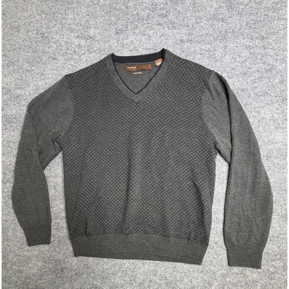 Perry Ellis Merino Wool Blend Sweater Mens Size L Gray V Neck Knit Pullover